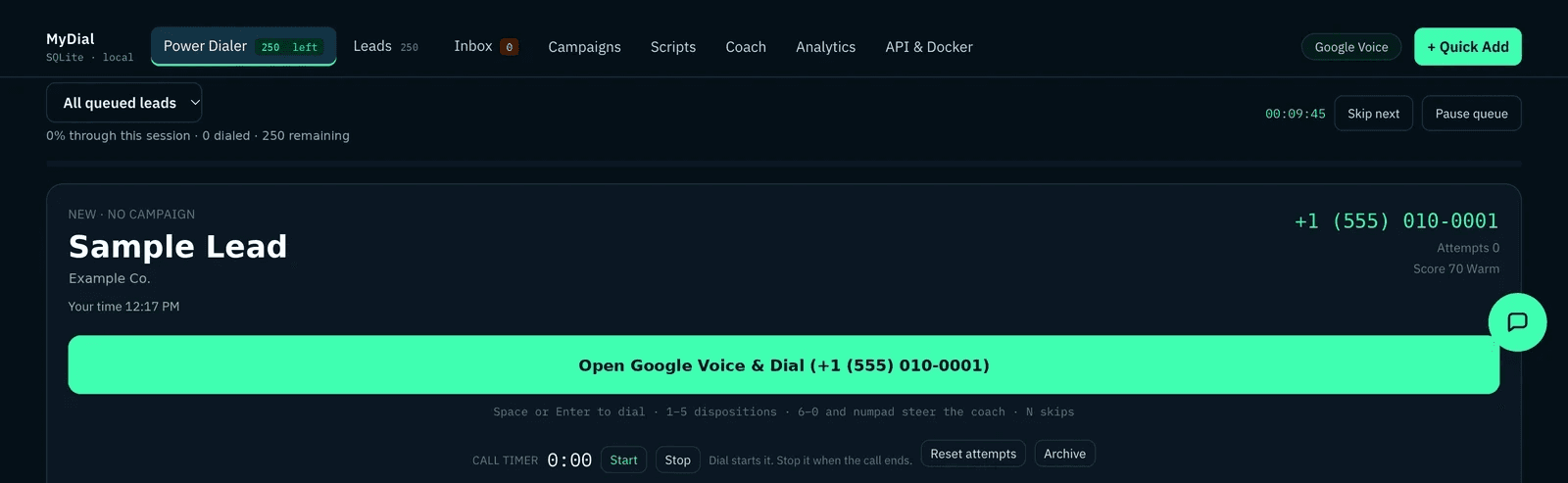 myDial power dialer with a sample lead loaded and the Open Google Voice and Dial button. Sample data shown.