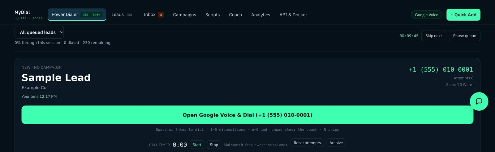 myDial power dialer with a sample lead loaded and the Open Google Voice and Dial button
