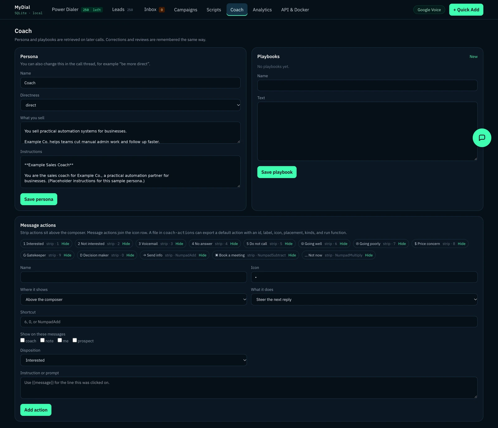 myDial coach settings page with the coach persona, playbooks and custom message actions