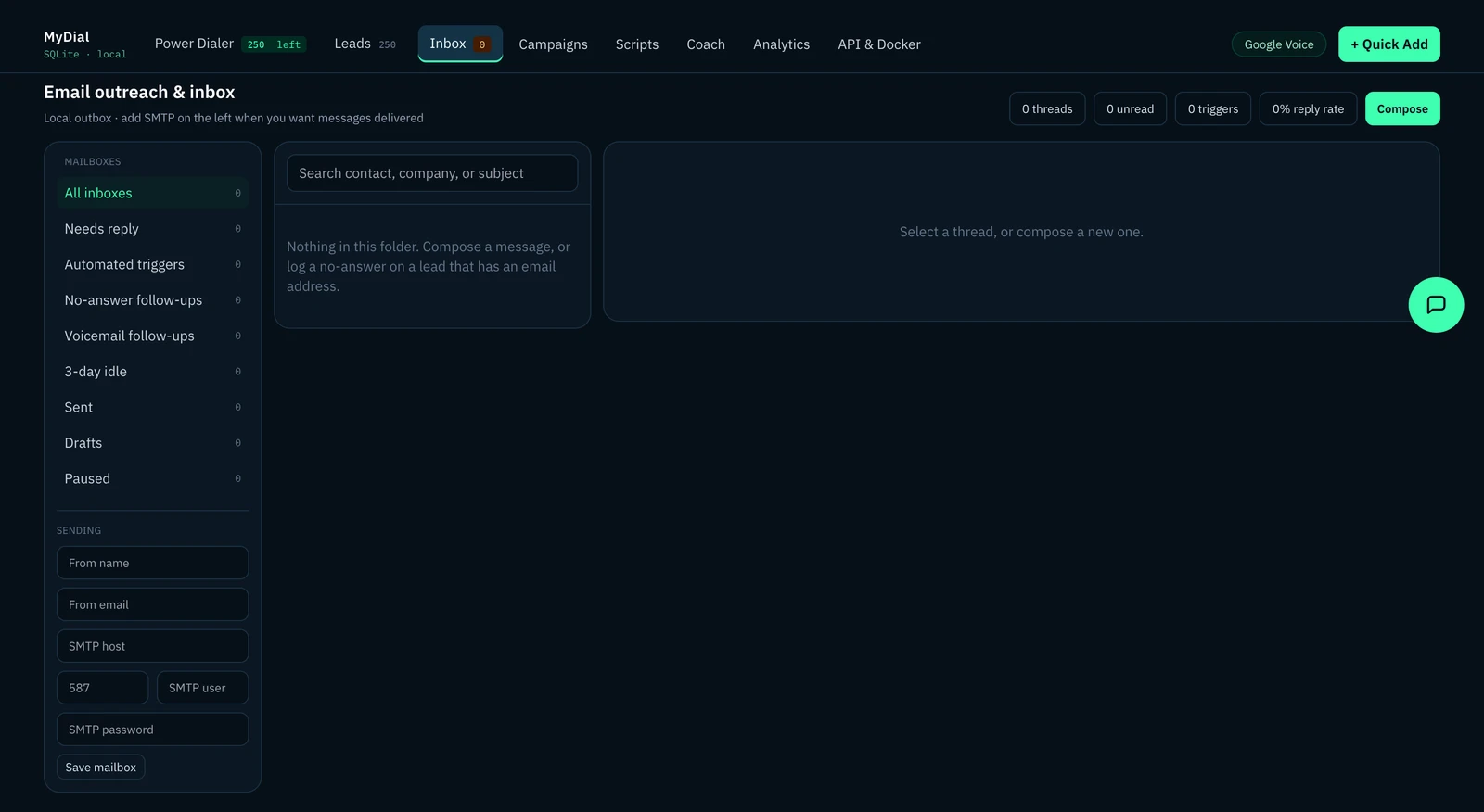 myDial email outreach inbox with mailboxes for replies, automated triggers and follow-ups, plus outgoing mail server settings