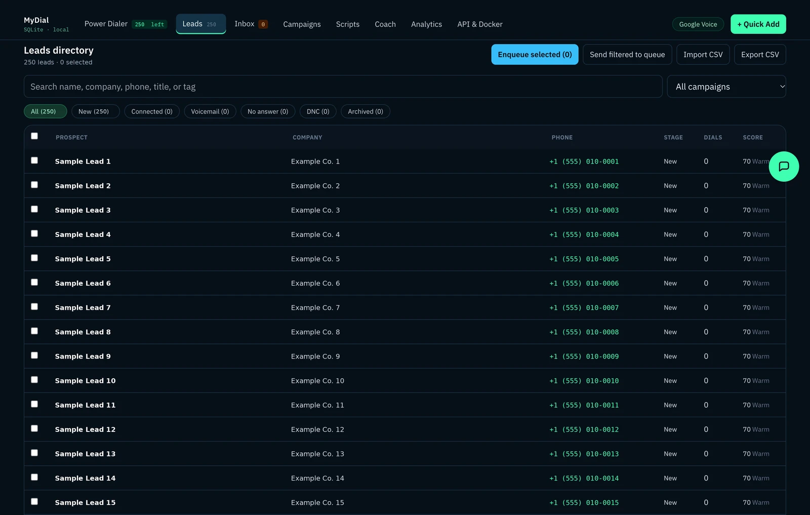 myDial leads directory listing sample leads with company, phone, stage, dials and score columns